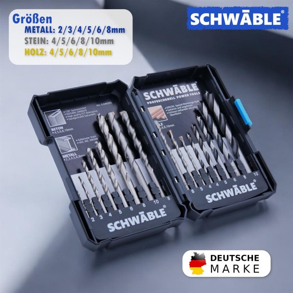 SCHWÄBLE® Bohrer-Sortiment 16tlg. Holzbohrer Metallbohrer HSS Steinbohrer