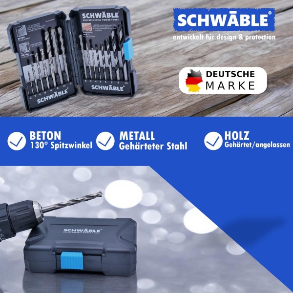 SCHWÄBLE® Bohrer-Sortiment 16tlg. Holzbohrer Metallbohrer HSS Steinbohrer